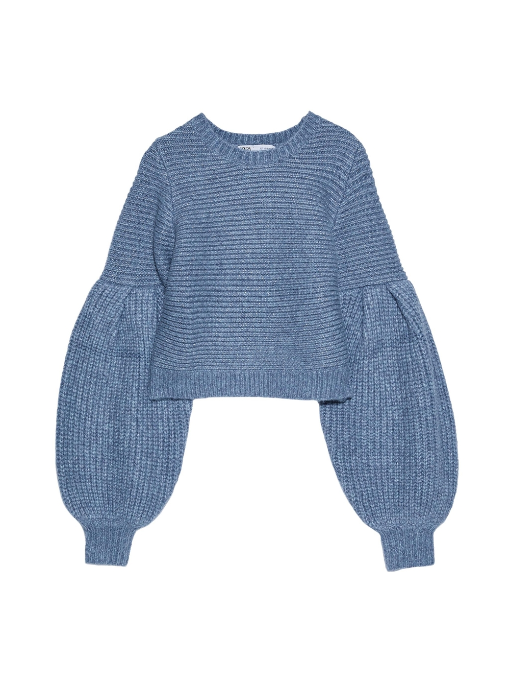 Zara Dusty Blue Cropped Balloon-Sleeve Knit Sweater